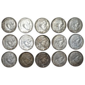 GERMANY - Set of 15 pieces of 2 marks (1937-1939) different mints