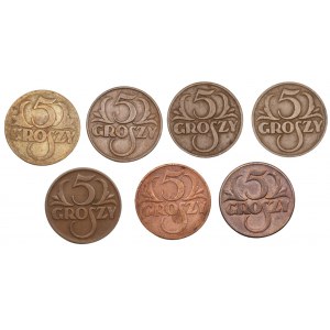 Second Republic - Set of 7 x 5 pennies - various vintages (1923-1939)