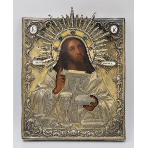 Ikona - Chrystus Pantokrator, w srebrnym okładzie