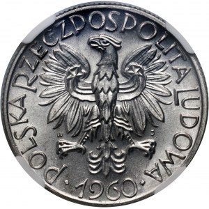 PRL, 5 złotych 1960, Rybak, zdwojeniem stempla rewersu