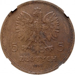 II RP, 5 złotych 1930, Warszawa, Sztandar, PRÓBA, brąz, stempel głęboki
