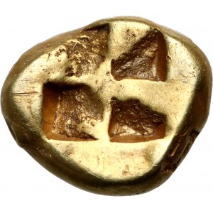 Grécko, Myzia, Kyzikos, hemihekte (1/12 statera) 500-450 pred n. l., satyr držiaci tuniaka