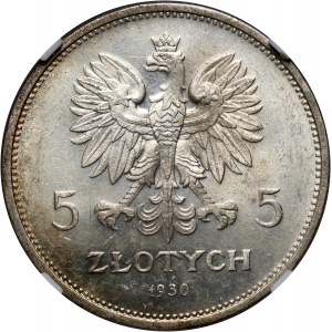 II RP, 5 złotych 1930, Warszawa, Sztandar, stempel płytki, najwyższa nota NGC