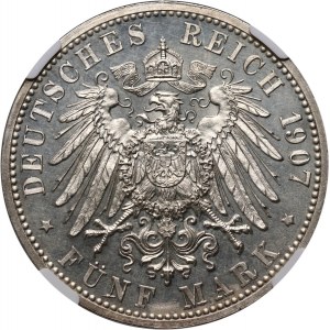 Germany, Baden, Friedrich I, 5 Mark 1907, Karlsruhe, Proof