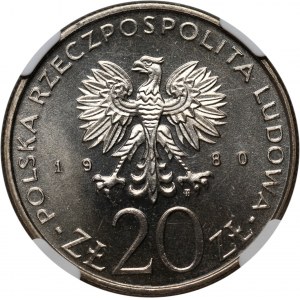 PRL, 20 złotych 1980, 1905 - Łódź, PRÓBA, miedzionikiel, najwyższa nota NGC