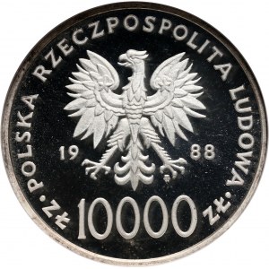 PRL, 10000 złotych 1988, Jan Paweł II, Cienki krzyż, najwyższa nota NGC