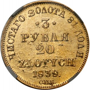 Zabór rosyjski, Mikołaj I, 3 ruble = 20 złotych 1839 СПБ АЧ/MW, przebitka, Petersburg