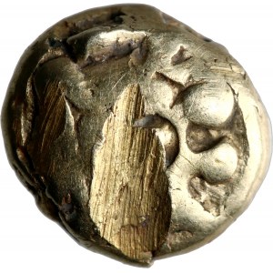 Grécko, Lýdia, obdobie od Alyattes po Croesus 610-546 pred n. l., hemihekte (1/12 statera), Sardy, hlava leva