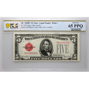 USA, 5 Dollars 1928 F, Legal Tender, series I (Wide I)