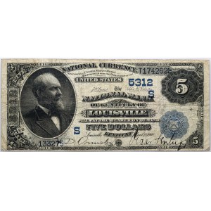 USA, Kentucky, National Bank of Louisville, 5 Dollars 1882, Value Back, series T