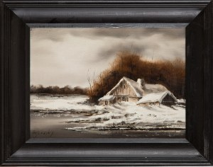 Jacek FIJAŁKOWSKI (ur. 1959), Wiejska chata pod śniegiem, 1990