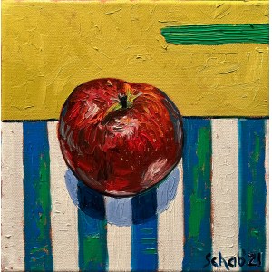 David Schab, Apple on a striped tablecloth, 2021