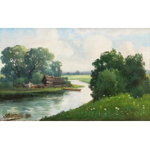 Stanislaw Vronsky (1848-1898), Landschaft mit einer Fischerhütte an einem Fluss, 1895.