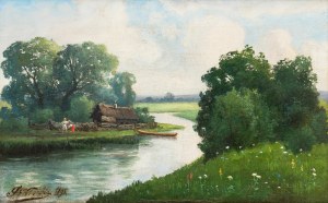 Stanisław Wroński (1848-1898), Pejzaż z rybacką chatą nad rzeką, 1895 r.