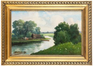 Stanisław Wroński (1848-1898), Pejzaż z rybacką chatą nad rzeką, 1895 r.