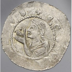 Vladislav I. (1120-25). Denár. Cach-556, var. s tečkami nad dlaněmi. opis nedor.