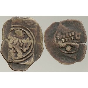 Husité (1419-37). Kruhový peníz se lvem a čtyřrázem. Starý podložní lístek + sáček
