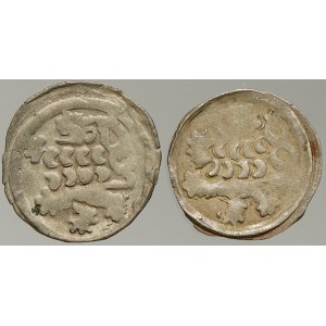 Jiří z Poděbrad (1458-71). Kruhový peníz se lvem. Starý podložní lístek + sáček