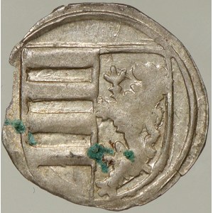 Matyáš Korvín (1469-90). Kruhový peníz s uhersko-českým znakem, minc. Č. Budějovice. Ca.-74a. okr., n. st. kor.