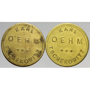 chmelové známky. Čejkovice (okr. Chomutov). Karl Oehm, ¼, 2 ks různé. Mosaz 25,4 mm. Cajt.-130, 131