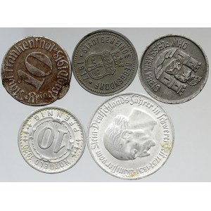zahraniční žetony a známky. Německo. Konvolut 5 nouzových a účelových mincí z let 1917-1920
