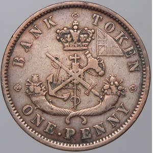 zahraniční žetony a známky. Kanada. Token 1 penny 1852 banky Upper. Sv. Jiří / znak. Bronz 32 mm. n. hr.