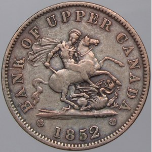 zahraniční žetony a známky. Kanada. Token 1 penny 1852 banky Upper. Sv. Jiří / znak. Bronz 32 mm. n. hr.
