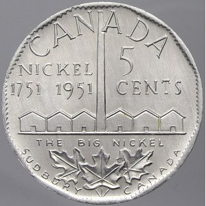 zahraniční žetony a známky. Kanada. Žeton připomínající 5 cent 1951 na podporu výroby niklu 1751 – 1951. Hliník 38 mm