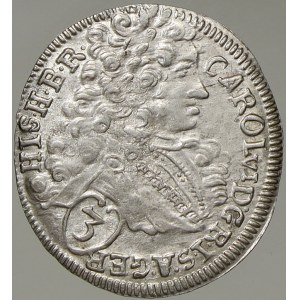 Karel VI. 3 krejcar 1717 Praha. Nov.-19. mirně prohnut