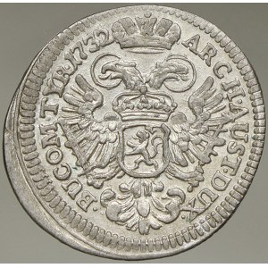 Karel VI. 3 krejcar 1732 Praha. Nov.-19. n. excentr., mírně prohnut