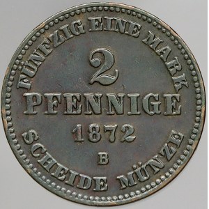 Mecklenburg-Schwerin. Friedrich Franz II. (1842-83). 2 pfennig 1872 B. KM-316. lak.