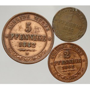 Sasko. 5 pfennig 1862 B, 2 pfennig 1862 B, 1 pfennig 1866 B