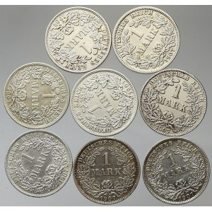 Drobné mince císařství po r. 1871. 1 M 1907 A, D, E 2x, F 2x, G, J