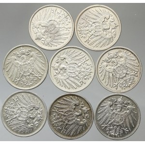 Drobné mince císařství po r. 1871. 1 M 1907 A, D, E 2x, F 2x, G, J
