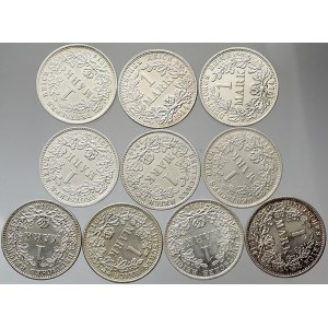 Drobné mince císařství po r. 1871. 1 M 1914 A, D 2x, E 2x, F 3x, J 2x