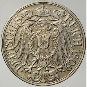 Drobné mince císařství po r. 1871. 25 pf. 1909 G. vada materiálu