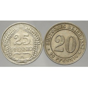 Drobné mince císařství po r. 1871. 25 pf. 1910 A, 20 pf. 1887 F. KM-9, 18