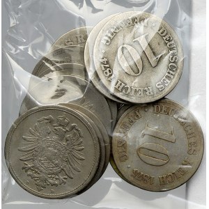Drobné mince císařství po r. 1871. 10 pf. 1874 2x nečitelný, 75 A, C, H, J 2x, 1876 A, B, C, D