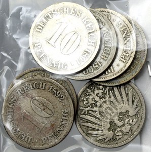 Drobné mince císařství po r. 1871. 10 pf. 1890 A, F, 1891 D, E, 1892 A, D 2x