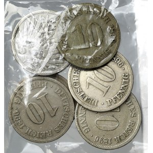Drobné mince císařství po r. 1871. 10 pf. 1893 A, J, 1896 A, D, E, F, J