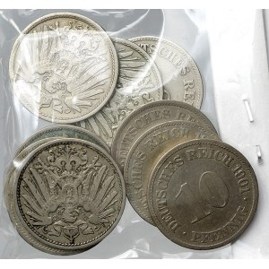 Drobné mince císařství po r. 1871. 10 pf. 1900 A, D, E, F, G, J, 1901 A, D, G, J