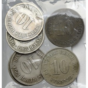 Drobné mince císařství po r. 1871. 10 pf. 1904 A, D, F, G, 1905 A, F, G