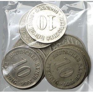 Drobné mince císařství po r. 1871. 10 pf. 1906 A, D, E, F 2x, J, 1907 A, E, F, J