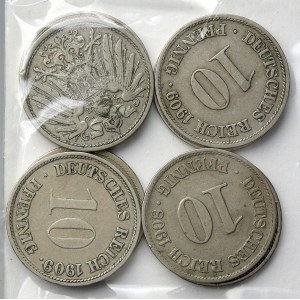 Drobné mince císařství po r. 1871. 10 pf. 1908 A, D, E, F 2x, 1909 D, E, G. (09G dr.hr)