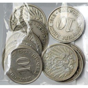 Drobné mince císařství po r. 1871. 10 pf. 1910 A, G, 1911 A, D, J, 1912 A, D, E, G, J