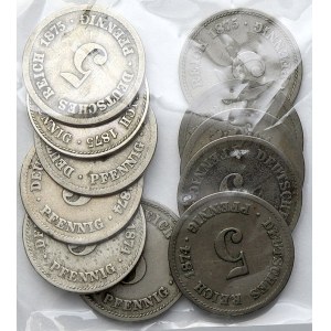 Drobné mince císařství po r. 1871. 5 pf. 1874 A, B 2x, C, G, 1875 A 2x, B, C, F, J