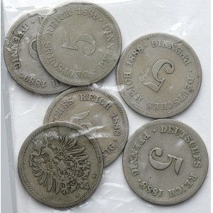 Drobné mince císařství po r. 1871. 5 pf. 1888 A, F, J, 1889 A, D, E
