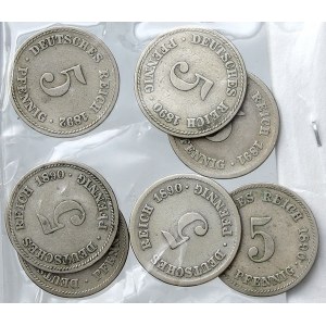 Drobné mince císařství po r. 1871. 5 pf. 1890 A, D, E, F, J, 1891 A, 1892 A