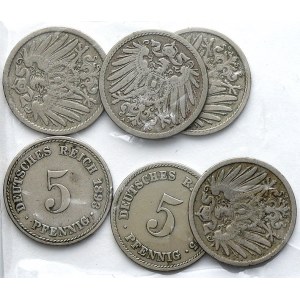 Drobné mince císařství po r. 1871. 5 pf. 1893 A ,F, 1894 A, D, J, 1895 E