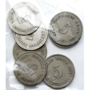 Drobné mince císařství po r. 1871. 5 pf. 1896 A, F, J, 1897 A, D, E, G
